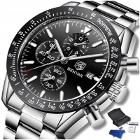 Zegarek męski na bransolecie Benyar - klasyczny i elegancki z chronografem + Pudełko (Czarny)