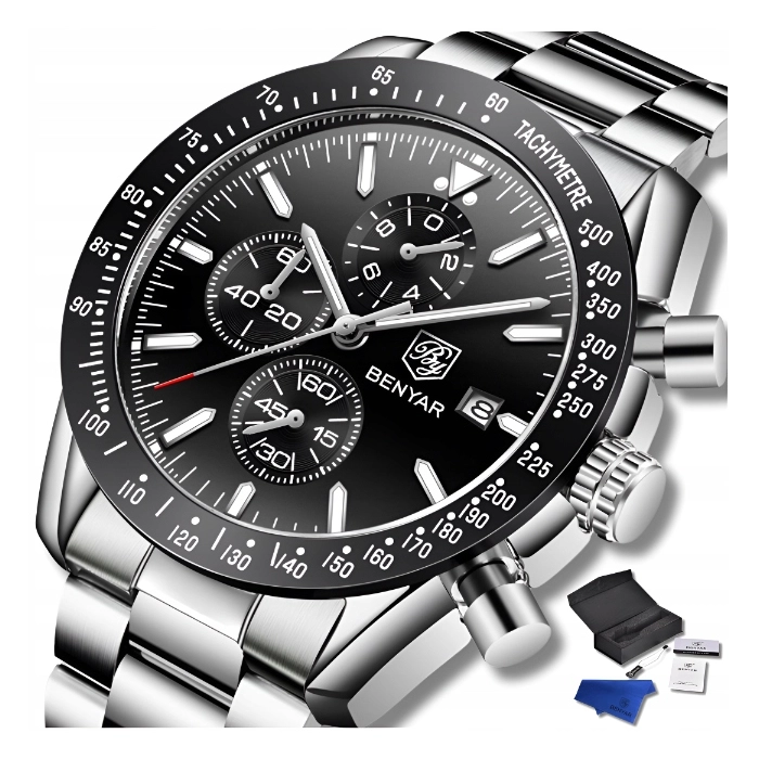 Zegarek męski na bransolecie Benyar - klasyczny i elegancki z chronografem + Pudełko (Czarny)