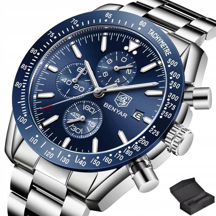 Zegarek męski na bransolecie Benyar - klasyczny i elegancki z chronografem + Pudełko (Czarny)