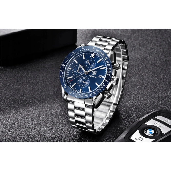 Zegarek męski na bransolecie Benyar - klasyczny i elegancki z chronografem + Pudełko (Czarny)
