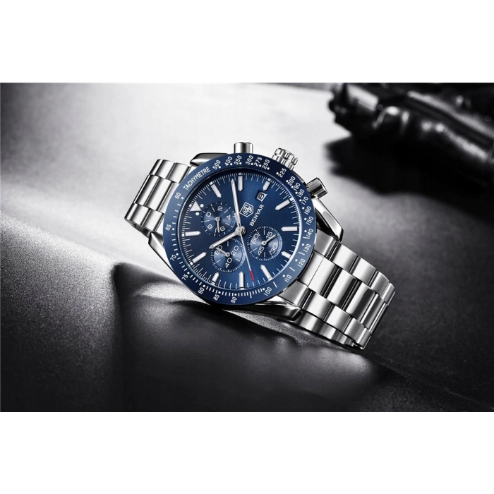 Zegarek męski na bransolecie Benyar - klasyczny i elegancki z chronografem + Pudełko (Czarny)