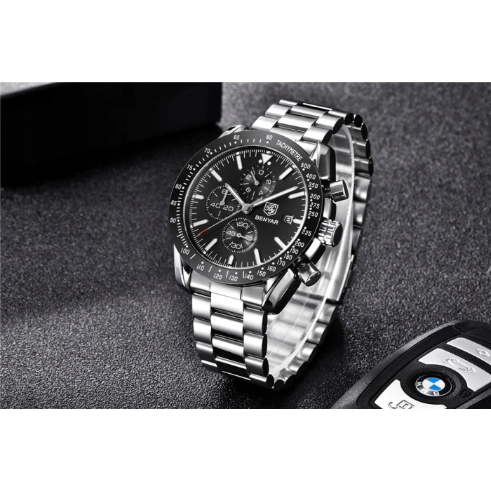 Zegarek męski na bransolecie Benyar - klasyczny i elegancki z chronografem + Pudełko (Czarny)