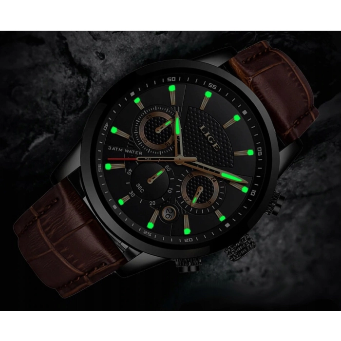 Zegarek męski LIGE skórzany pasek - klasyczny i elegancki z datownikiem + Pudełko (Brązowo-czarny)