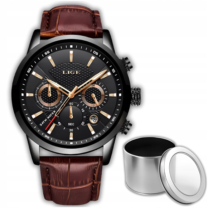 Zegarek męski LIGE skórzany pasek - klasyczny i elegancki z datownikiem + Pudełko (Brązowo-czarny)