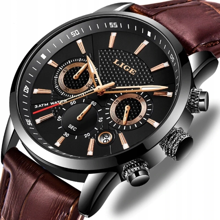 Zegarek męski LIGE skórzany pasek - klasyczny i elegancki z datownikiem + Pudełko (Brązowo-czarny)