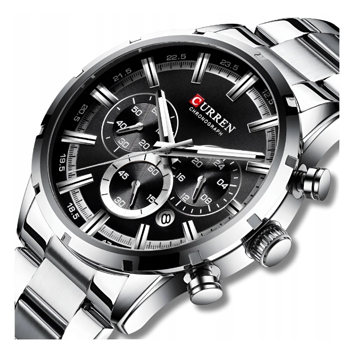 Zegarek na bransolecie męski Curren - elegancki z chronografem i datownikiem (Srebrno-czarny)
