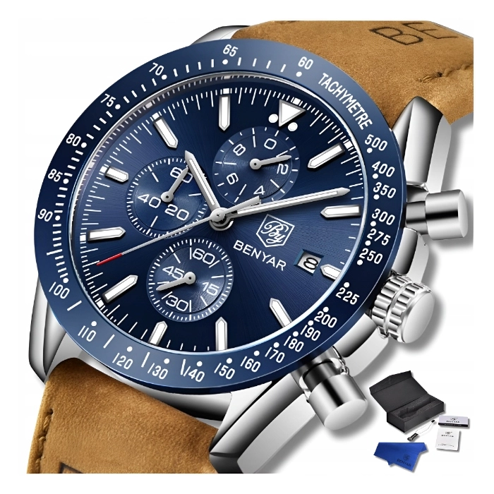 Zegarek męski skórzany Benyar - elegancki i klasyczny z chronografem + Pudełko (Granatowy)