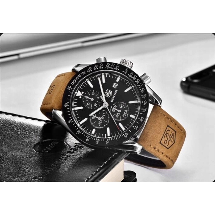 Zegarek męski skórzany Benyar - elegancki i klasyczny z chronografem + Pudełko (Granatowy)