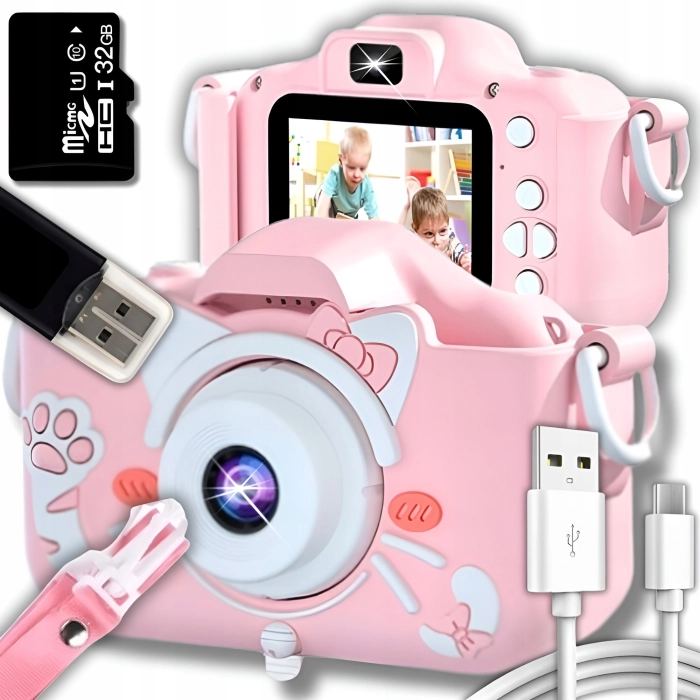 Aparat fotograficzny cyfrowy dla dzieci 40 mpx - Kotek + Karta 32 GB (Różowy)