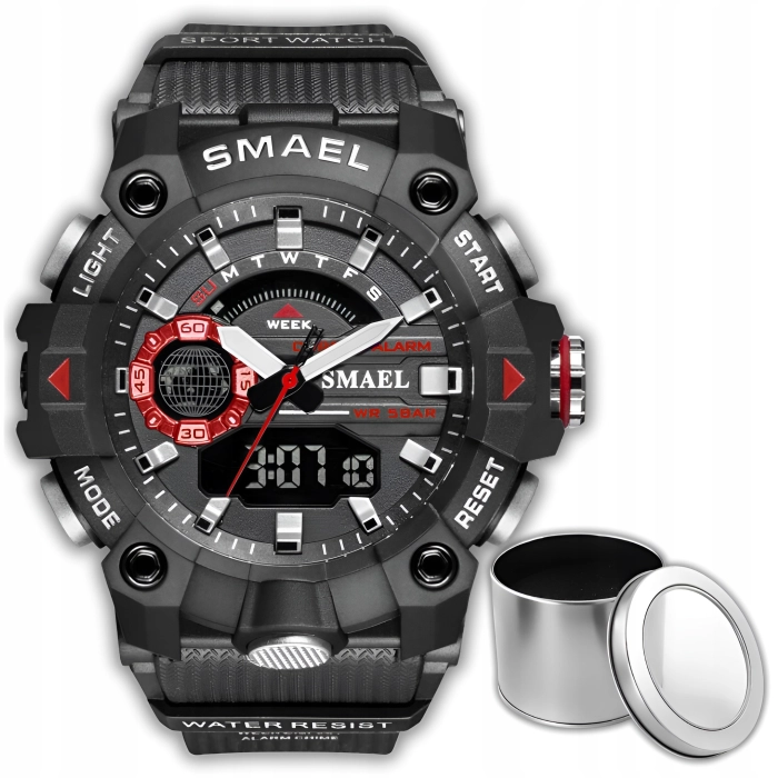 Zegarek męski SMAEL Z80 z datownikiem i alarmem - wojskowy, sportowy + Pudełko (Czerwony)