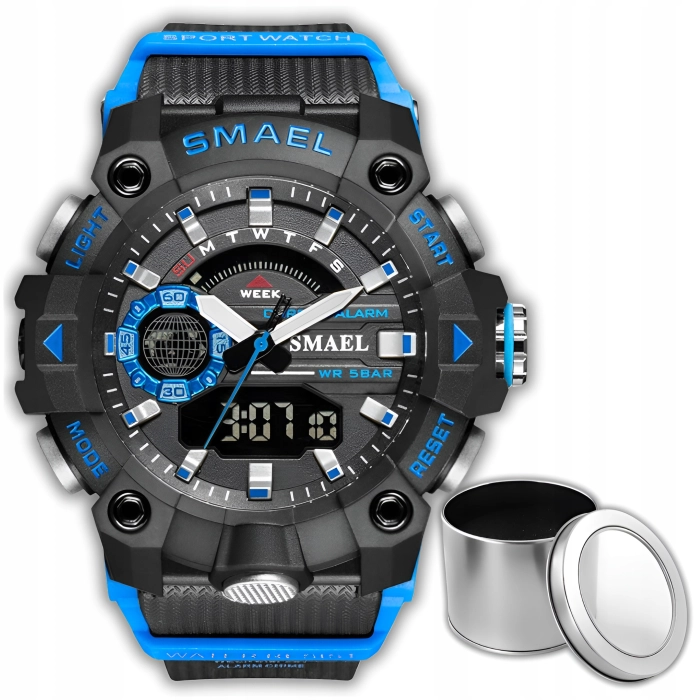 Zegarek męski SMAEL Z80 z datownikiem i alarmem - wojskowy, sportowy + Pudełko (Niebieski)