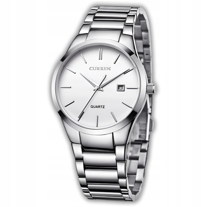Zegarek męski na bransolecie Curren - klasyczny i elegancki z datownikiem (Srebrno-biały)