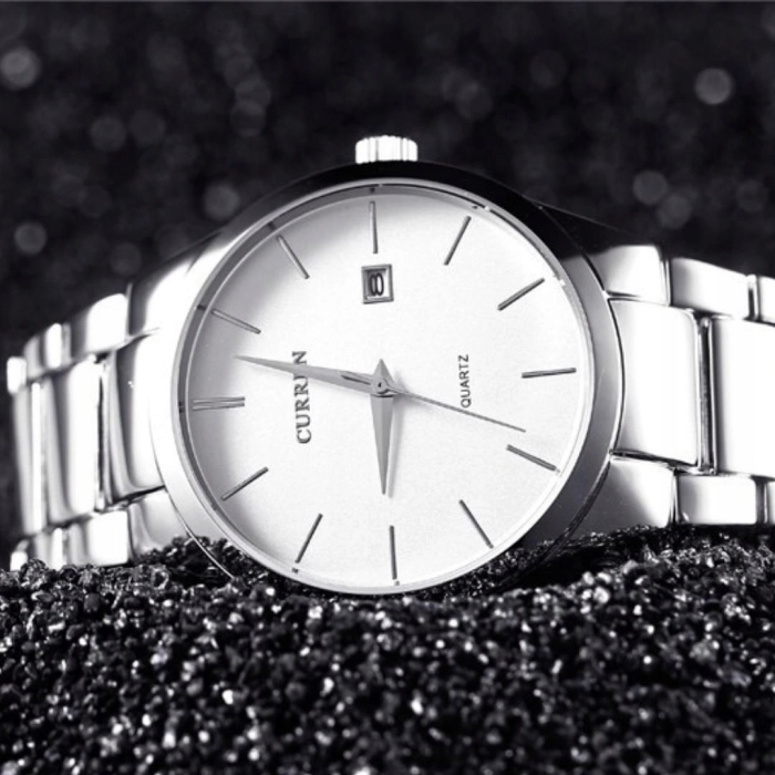 Zegarek męski na bransolecie Curren - klasyczny i elegancki z datownikiem (Srebrno-biały)