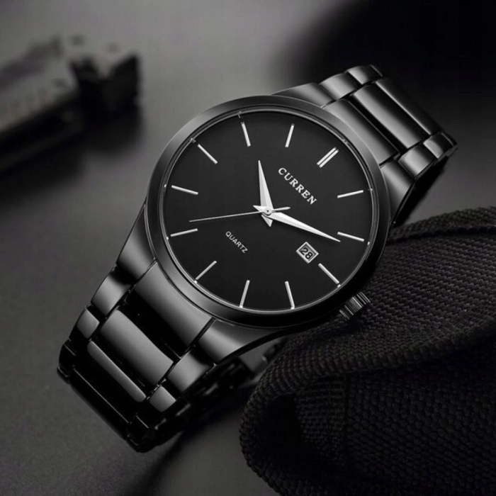 Zegarek męski na bransolecie Curren - klasyczny i elegancki z datownikiem (Srebrno-czarny)