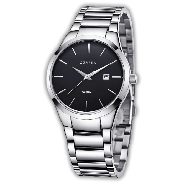 Zegarek męski na bransolecie Curren - klasyczny i elegancki z datownikiem (Srebrno-czarny)