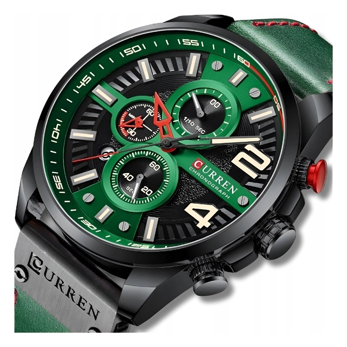 Zegarek skórzany męski Curren - kwarcowy z chronografem i datownikiem (Zielony)