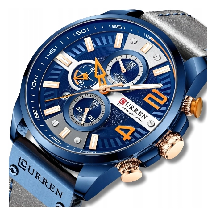 Zegarek skórzany męski Curren - kwarcowy z chronografem i datownikiem (Szaro-niebieski)