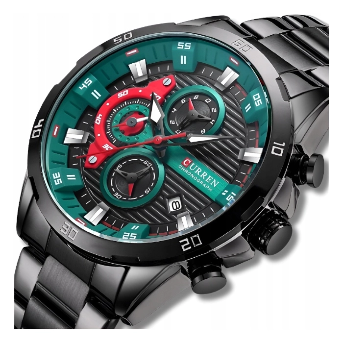 Zegarek Curren na bransolecie męski - elegancki z chronografem i datownikiem (Czarno-zielony)