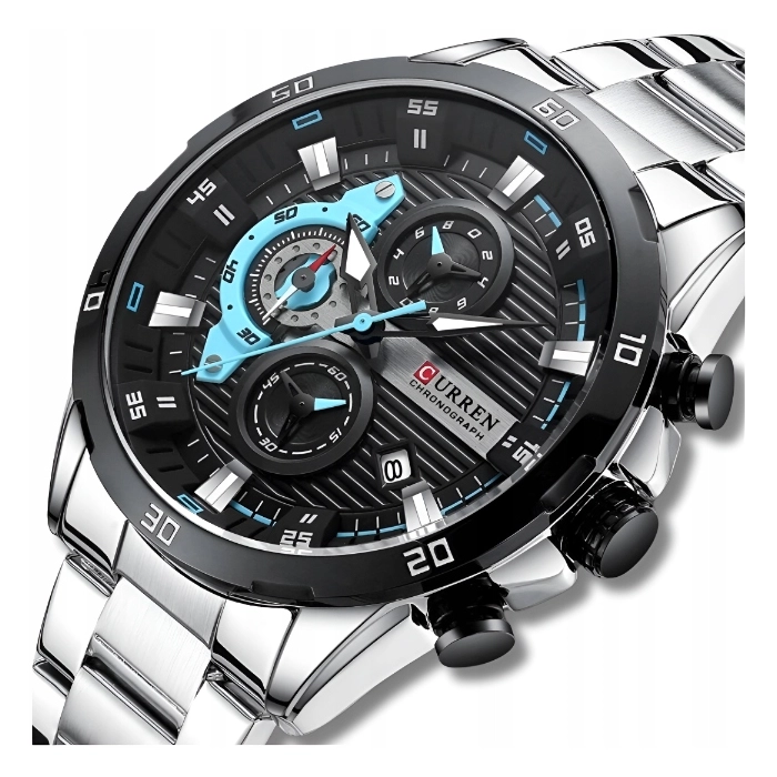Zegarek Curren na bransolecie męski - elegancki z chronografem i datownikiem (Srebrny)