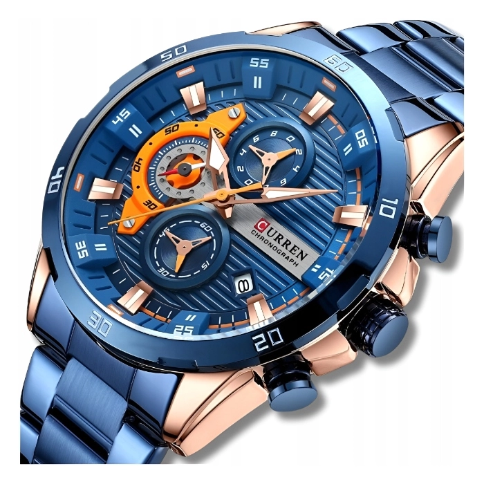 Zegarek Curren na bransolecie męski - elegancki z chronografem i datownikiem (Niebieski)