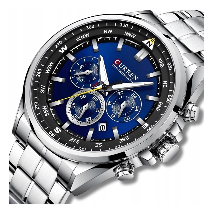 Zegarek Curren na bransolecie męski - klasyczny z chronografem i datownikiem (Srebrno-granatowy)