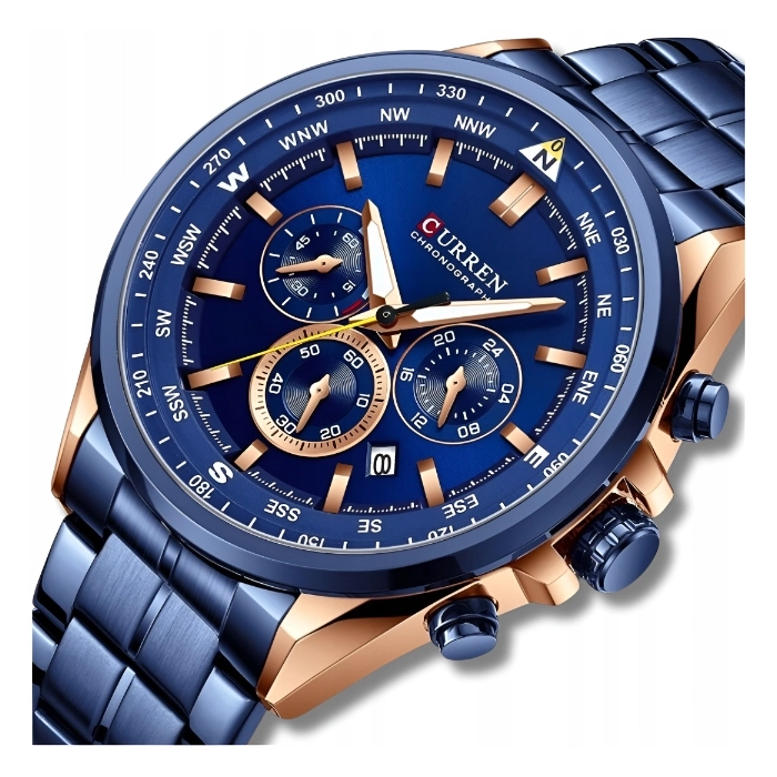 Zegarek Curren na bransolecie męski - klasyczny z chronografem i datownikiem (Granatowy)