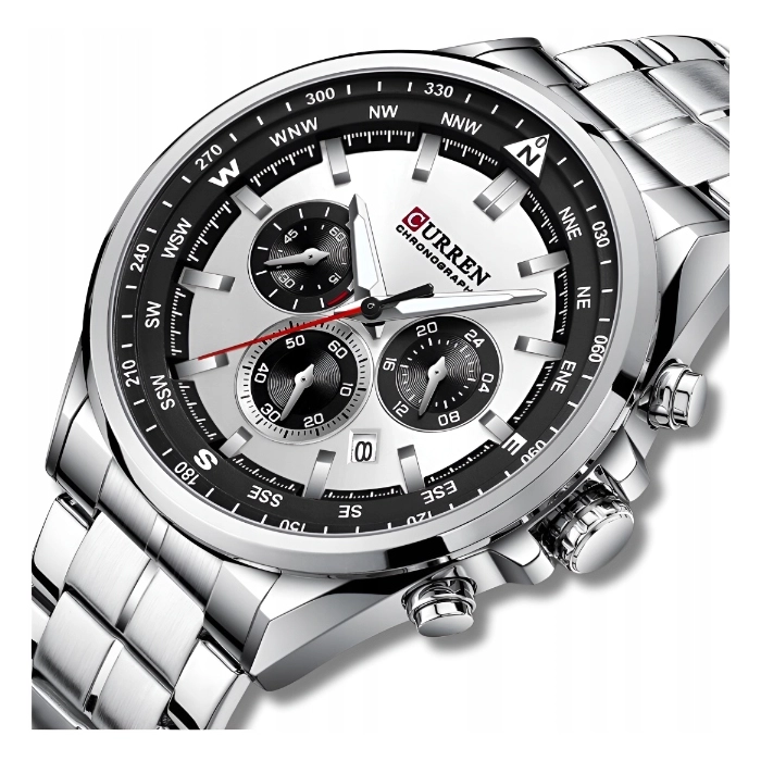 Zegarek Curren na bransolecie męski - klasyczny z chronografem i datownikiem (Srebrno-srebrny)