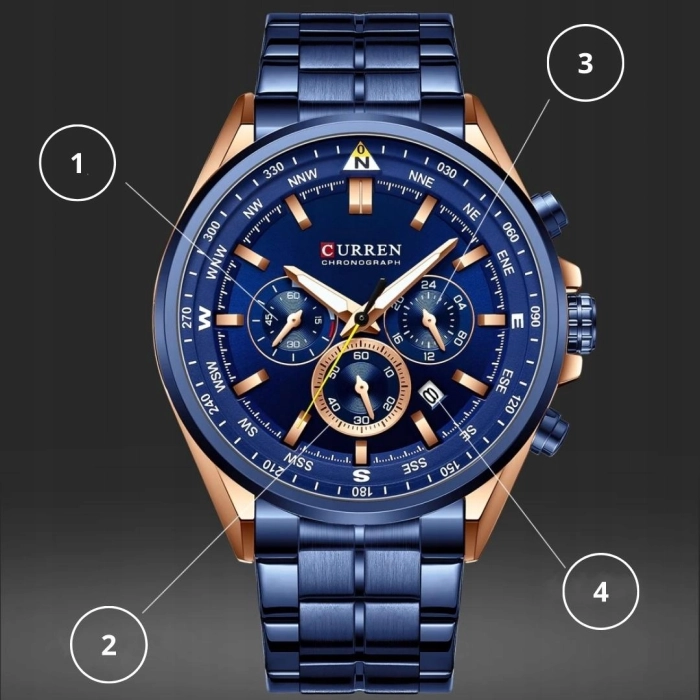 Zegarek Curren na bransolecie męski - klasyczny z chronografem i datownikiem (Srebrno-srebrny)