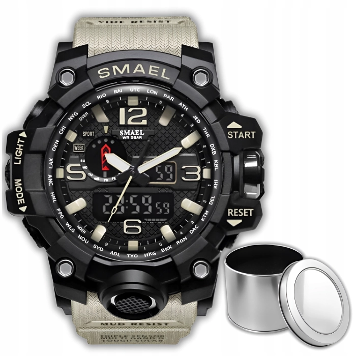 Zegarek męski SMAEL Z15 z datownikiem i alarmem - wojskowy, sportowy + Pudełko (Beżowy)