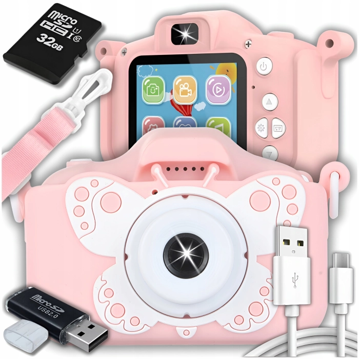 Aparat fotograficzny cyfrowy dla dzieci 3 mpx - Motyl + Karta 32 GB (Różowy)