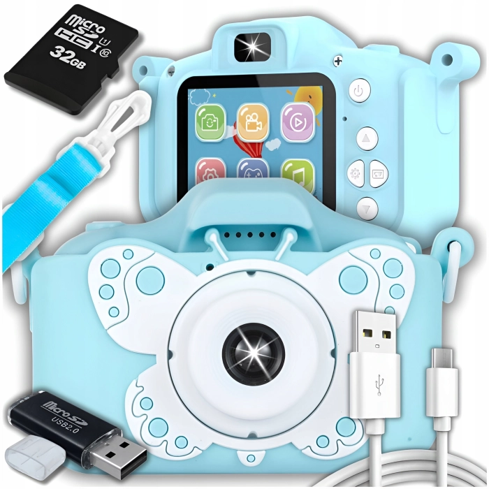 Aparat fotograficzny cyfrowy dla dzieci 3 mpx - Motyl + Karta 32 GB (Niebieski)