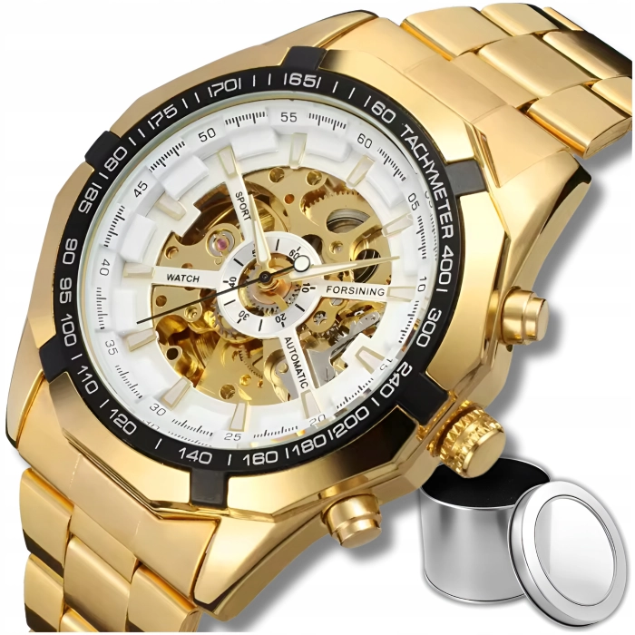 Zegarek mechaniczny męski Winner - automatyczny z bransoletą + Pudełko (Złoty)