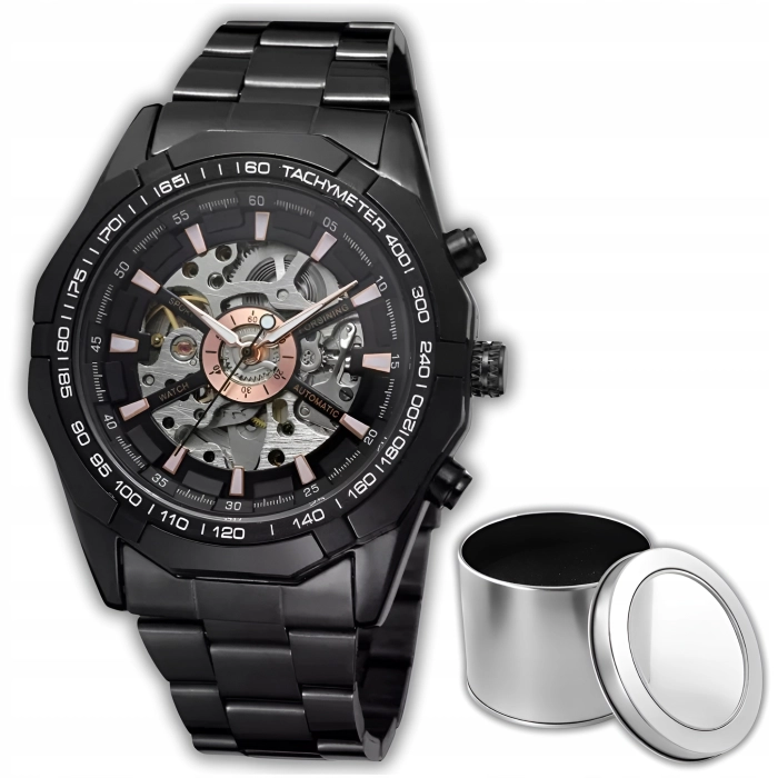 Zegarek mechaniczny męski Winner - automatyczny z bransoletą + Pudełko (Czarny)