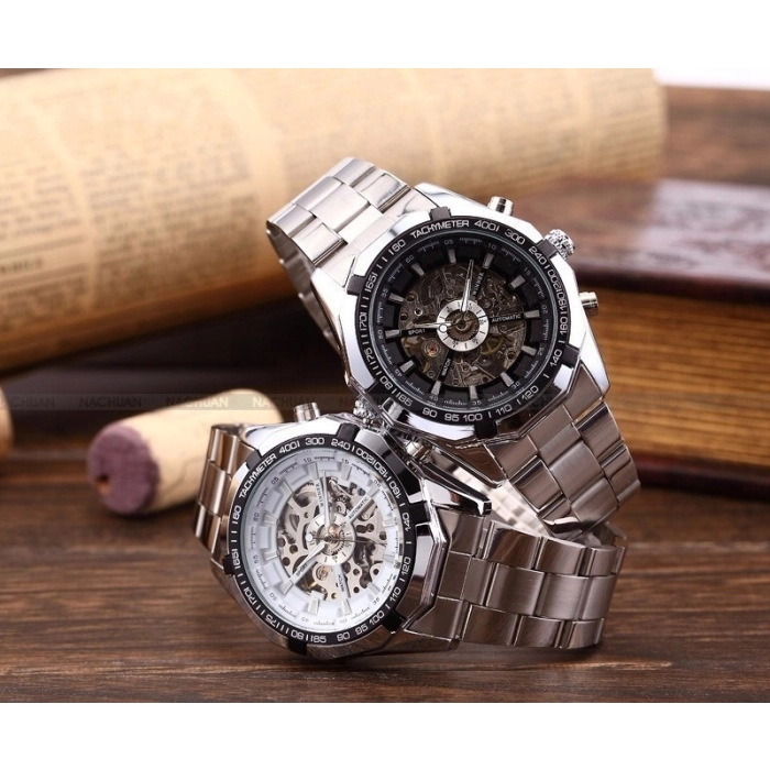 Zegarek mechaniczny męski Winner - automatyczny z bransoletą + Pudełko (Czarny)