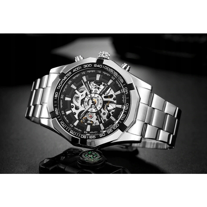 Zegarek mechaniczny męski Winner - automatyczny z bransoletą + Pudełko (Czarny)