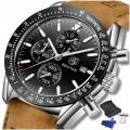 Zegarek męski skórzany Benyar - elegancki i klasyczny z chronografem + Pudełko (Czarny)