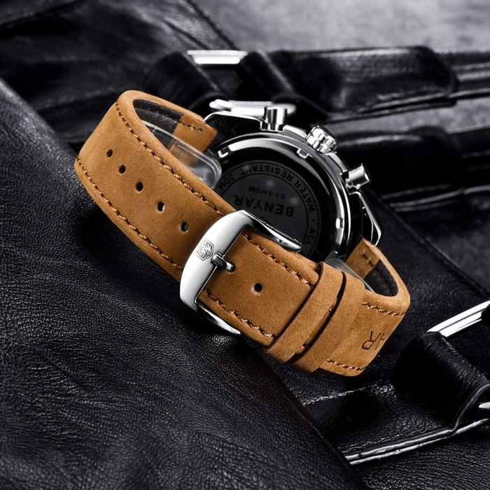Zegarek męski skórzany Benyar - elegancki i klasyczny z chronografem + Pudełko (Czarny)