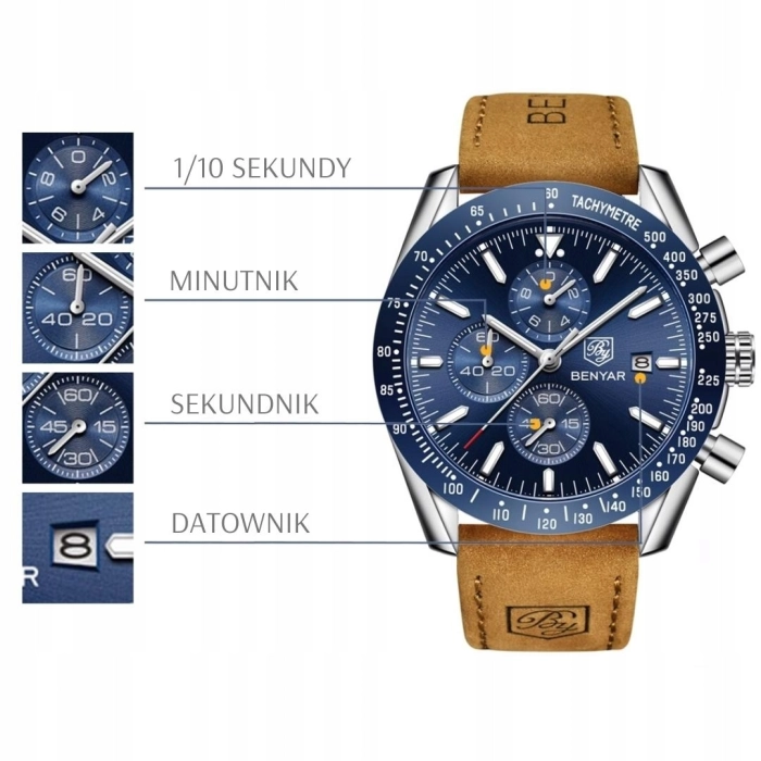Zegarek męski skórzany Benyar - elegancki i klasyczny z chronografem + Pudełko (Czarny)