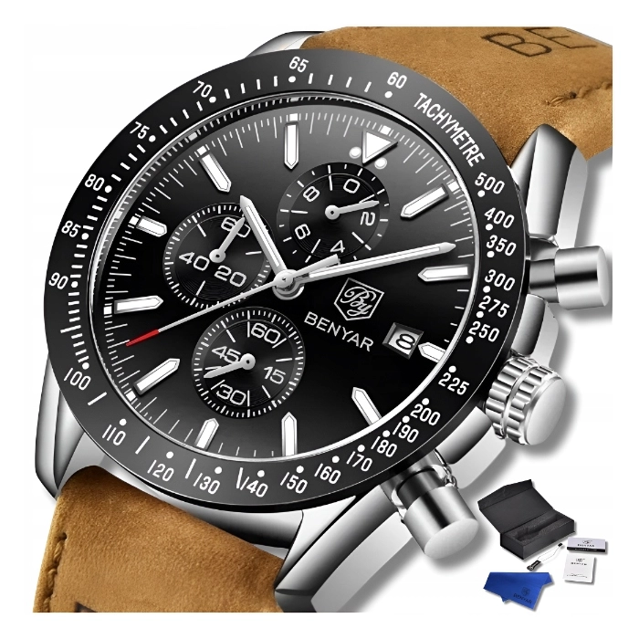 Zegarek męski skórzany Benyar - elegancki i klasyczny z chronografem + Pudełko (Czarny)