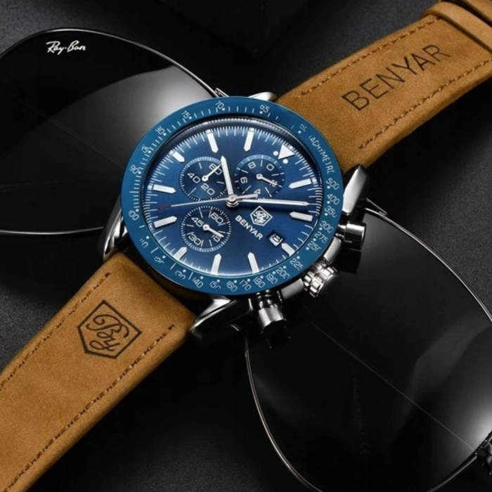 Zegarek męski skórzany Benyar - elegancki i klasyczny z chronografem + Pudełko (Czarny)