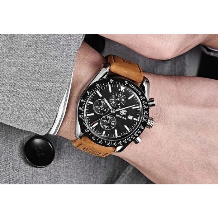 Zegarek męski skórzany Benyar - elegancki i klasyczny z chronografem + Pudełko (Czarny)