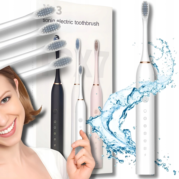 Szczoteczka elektryczna, soniczna do zębów - 6 trybów + 4 końcówki (Biała)