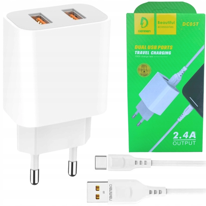 Szybka ładowarka sieciowa USB Fast charge 2xUSB 2.4A + Kabel USB-C