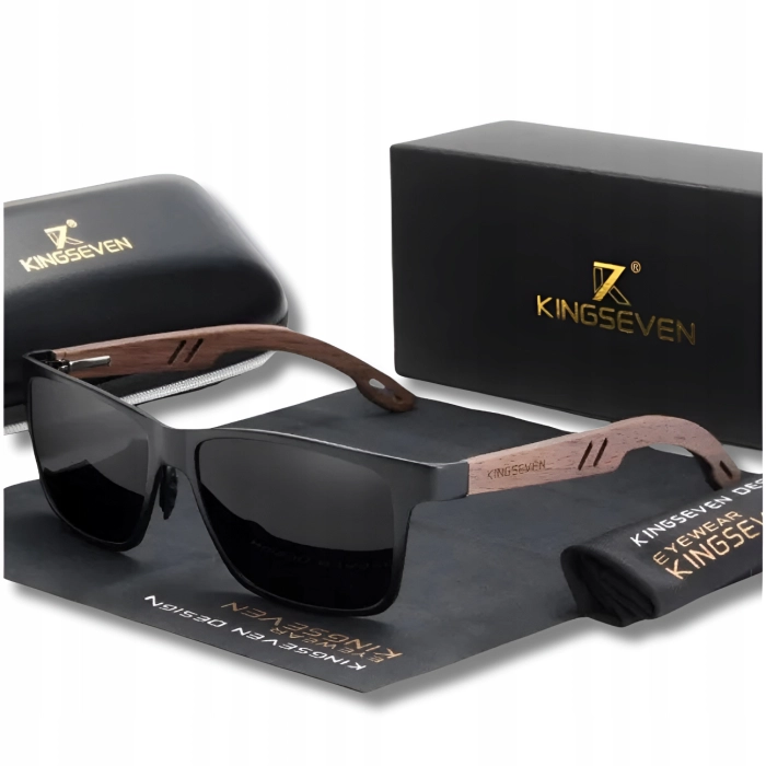 Okulary przeciwsłoneczne męskie drewniane Kingseven z polaryzacją + Etui (Czarne)