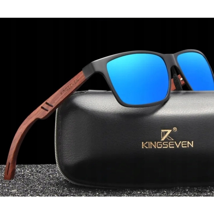 Okulary przeciwsłoneczne męskie drewniane Kingseven z polaryzacją + Etui (Niebieskie)