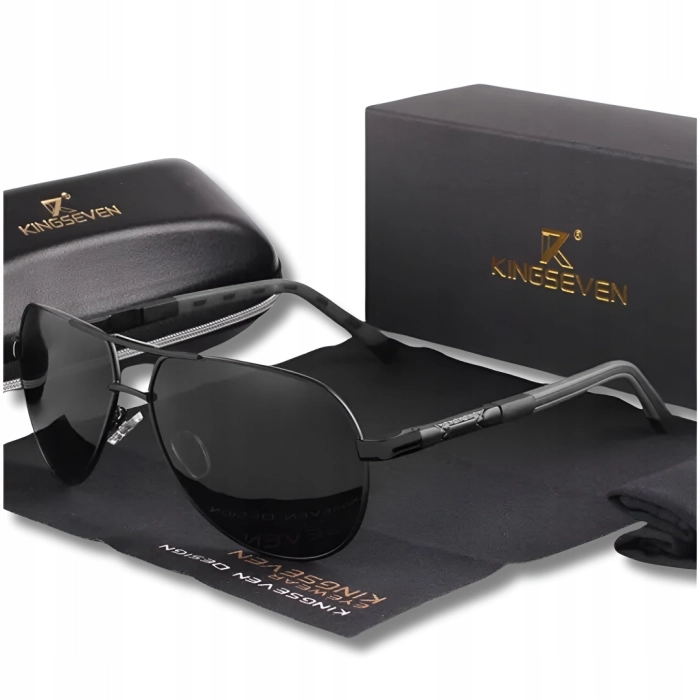 Okulary przeciwsłoneczne męskie aviatory Kingseven z polaryzacją + Etui (Czarne)