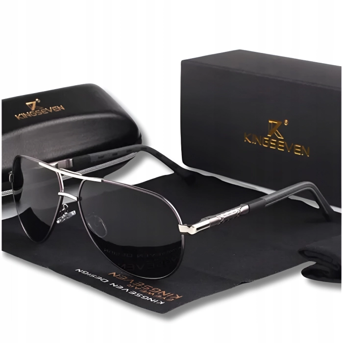 Okulary przeciwsłoneczne męskie aviatory Kingseven z polaryzacją + Etui (Czarno-srebrne)