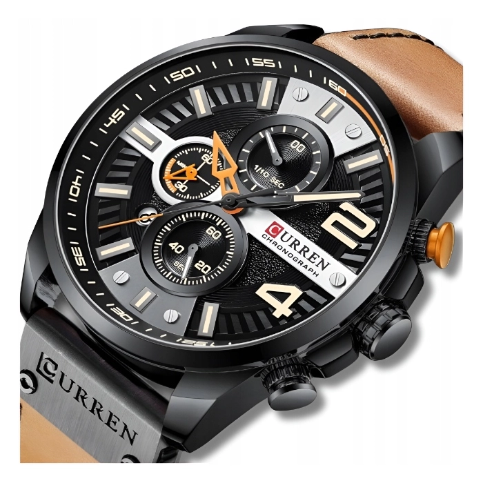 Zegarek skórzany męski Curren - kwarcowy z chronografem i datownikiem (Brązowo-czarny)