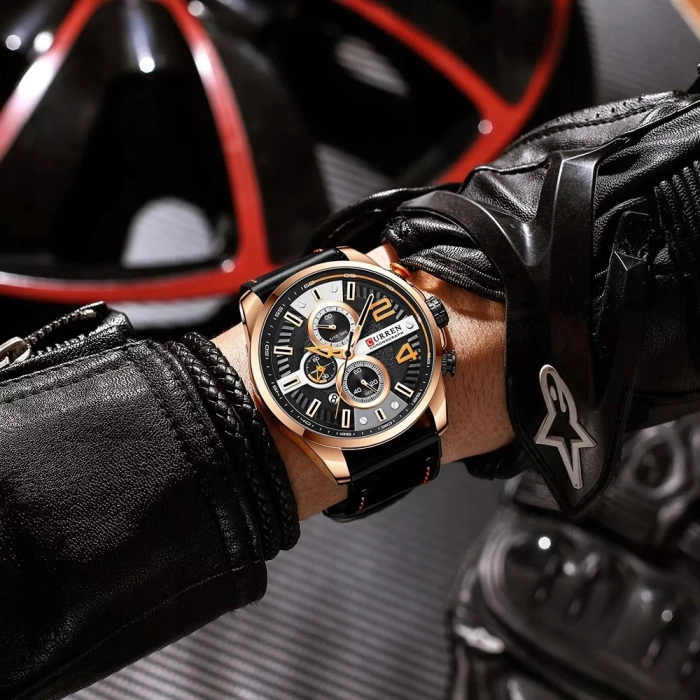 Zegarek skórzany męski Curren - kwarcowy z chronografem i datownikiem (Brązowo-czarny)