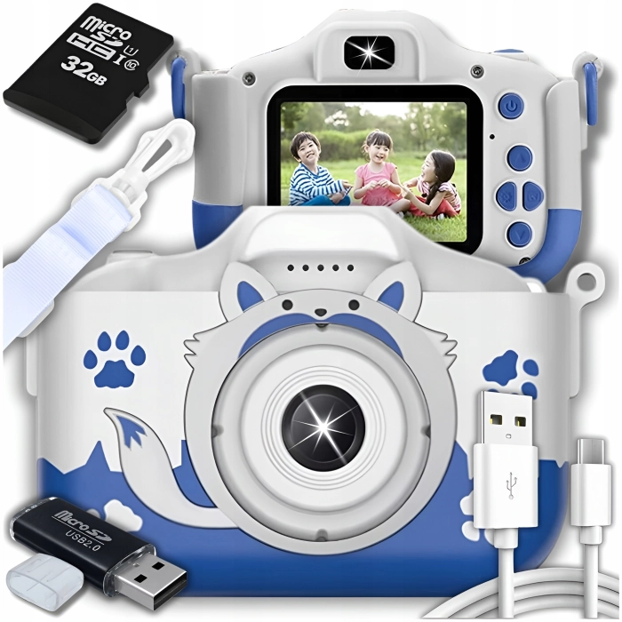 Aparat fotograficzny cyfrowy dla dzieci 40 mpx - Lisek + Karta 32 GB (Niebieski)